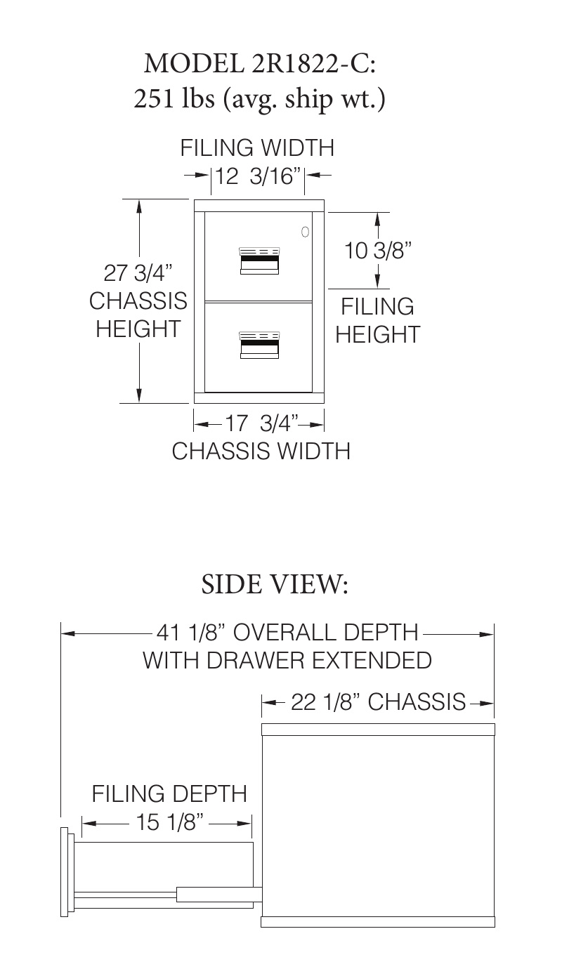 FireKing Turtle 2R1822-C two-drawer cabinet dimension schematic showing exterior, drawer interior, chassis depth, and fully extended depth