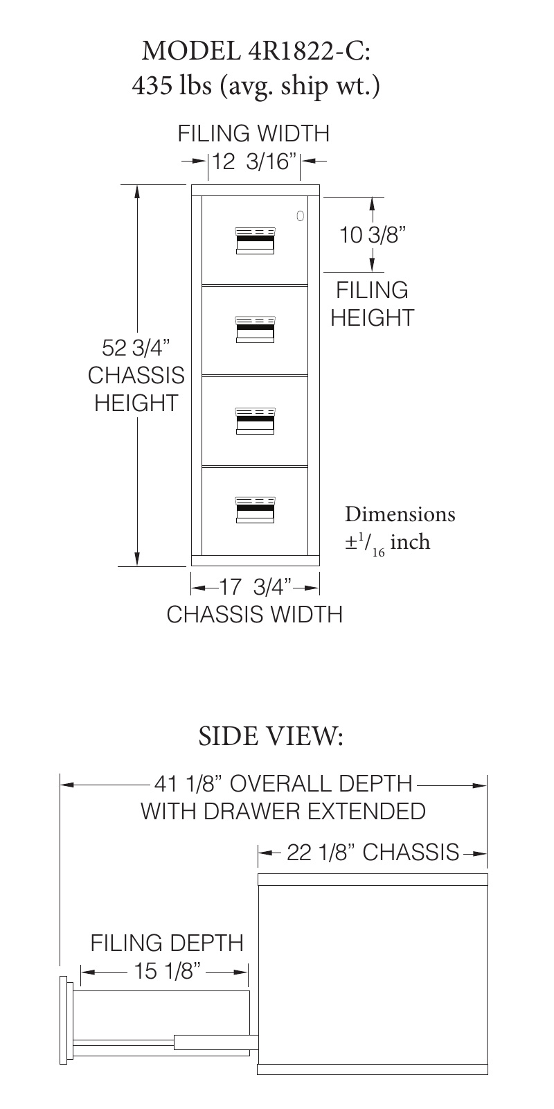 FireKing Turtle 4R1822-C four-drawer cabinet dimension schematic showing exterior, drawer interior, chassis depth, and fully extended depth