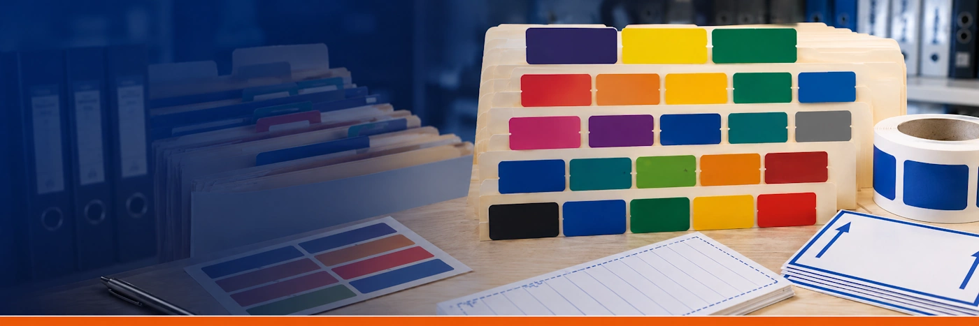 Color-coded file folder labels, year labels and specialty filing labels