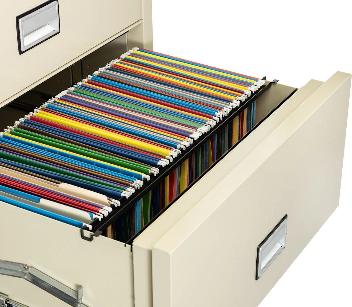 Phoenix LAT2W31 31-inch lateral fireproof file cabinet drawer with letter-size hanging folders filed side-to-side