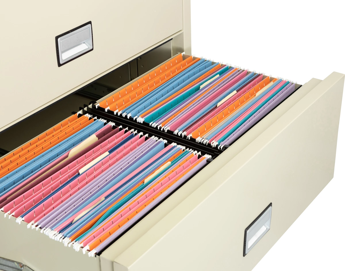 Phoenix LAT2W38 drawer with two rows of legal-size hanging folders filed front-to-back