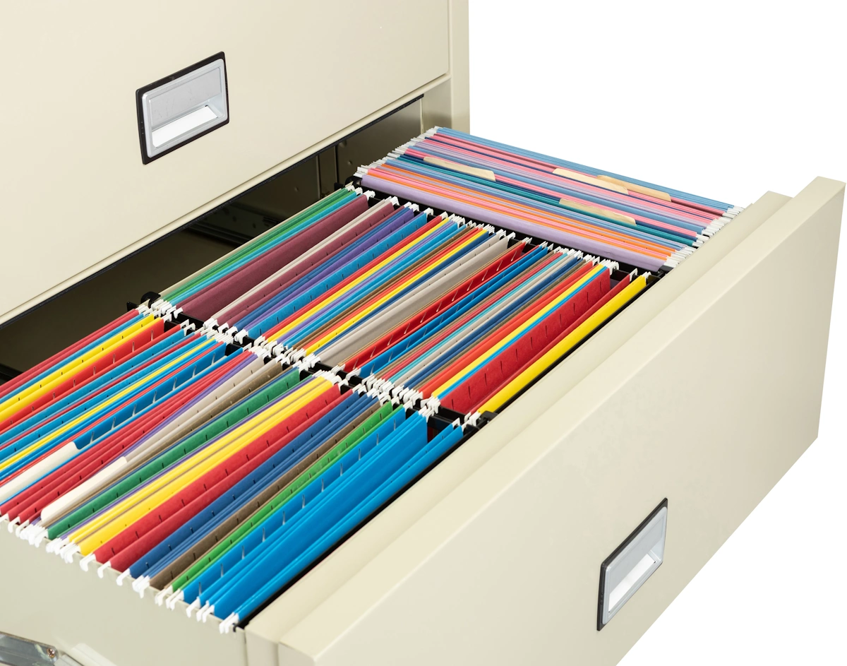 Phoenix LAT2W38 drawer with two rows of letter-size hanging folders filed front-to-back