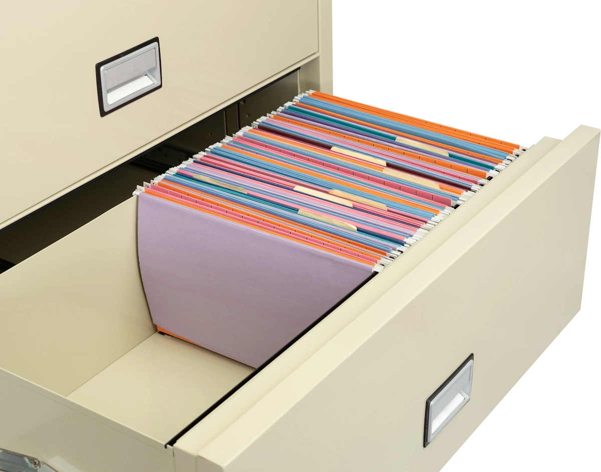 Phoenix LAT2W38 drawer with legal-size hanging folders filed side-to-side using optional hanging bars