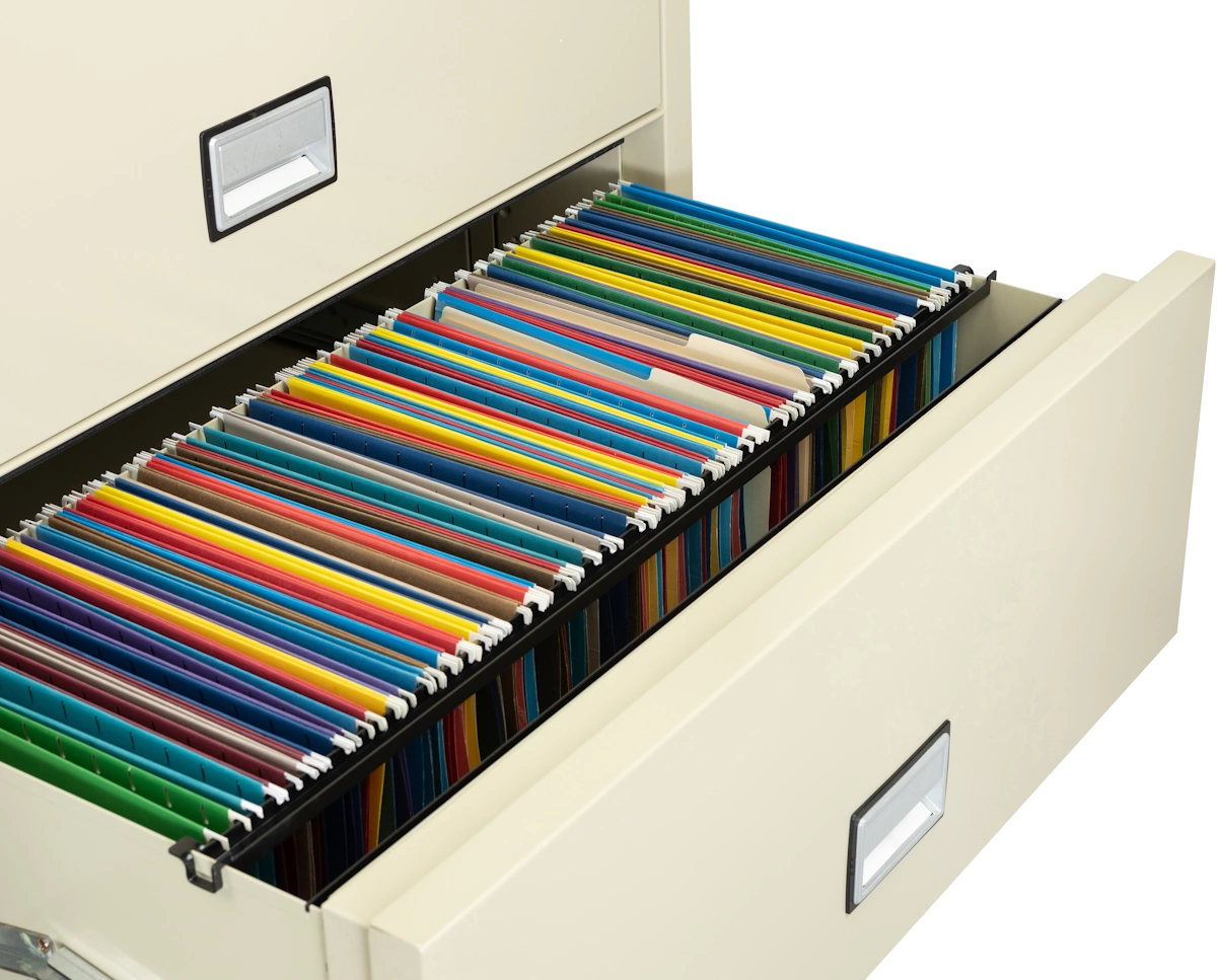 Phoenix LAT2W38 drawer with letter-size hanging folders filed side-to-side using optional hanging bars
