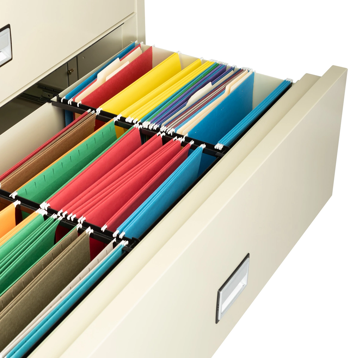 Phoenix LAT2W44 drawer with three rows of letter-size hanging folders filed front-to-back