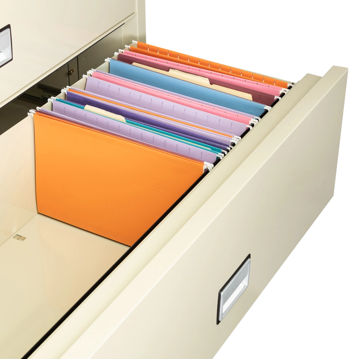 Phoenix LAT2W44 drawer with legal-size hanging folders filed side-to-side using optional hanging bars
