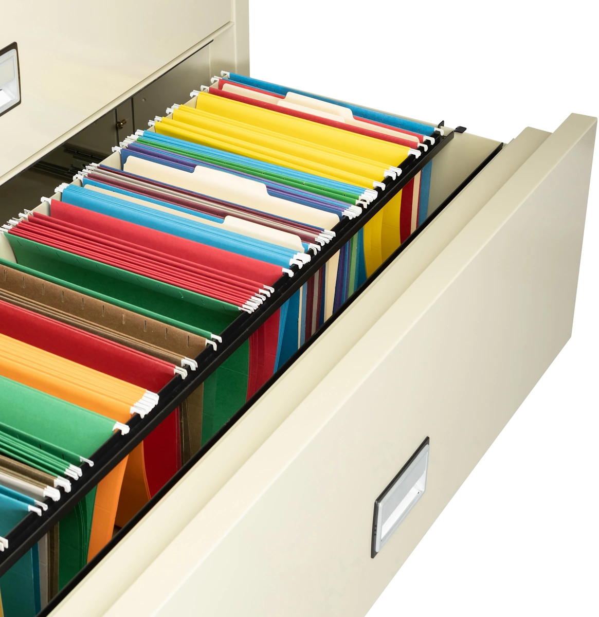 Phoenix LAT2W44 drawer with letter-size hanging folders filed side-to-side using optional hanging bars