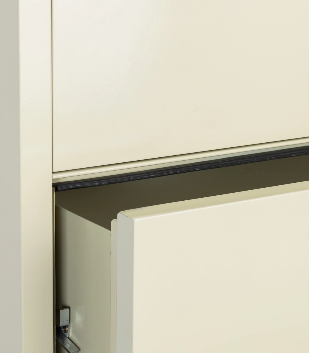 Close-up of the water-resistant seal around a Phoenix lateral fireproof file cabinet drawer opening