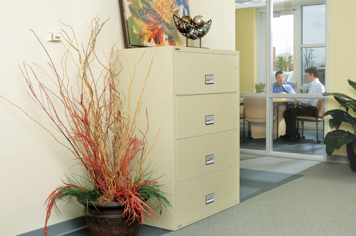 Phoenix four-drawer lateral fireproof file cabinet in a professional office setting
